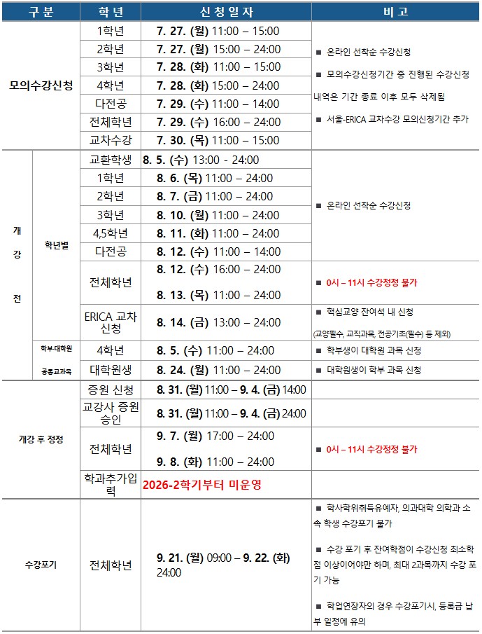 2026-2 수강신청 일정